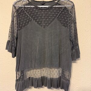 POL Gray Sheer Ruffle Blouse